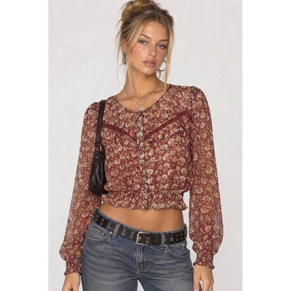 American Eagle Women's M Red Floral Sheer Babydoll Long Sleeve Blouse Boho Y2K